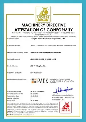 Certificat CE – Équipement de remplissage