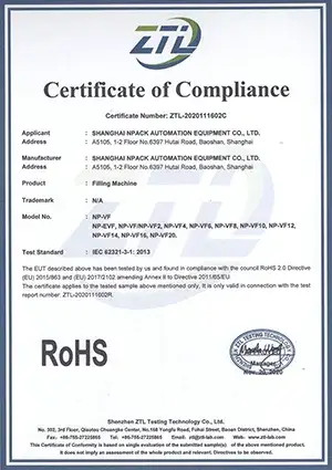 Certificat RoHS – Machine de remplissage 